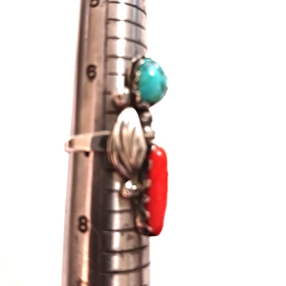 Navajo vtg Turquoise Coral ring sz 7-7.5 (1186) - Picture 7 of 7